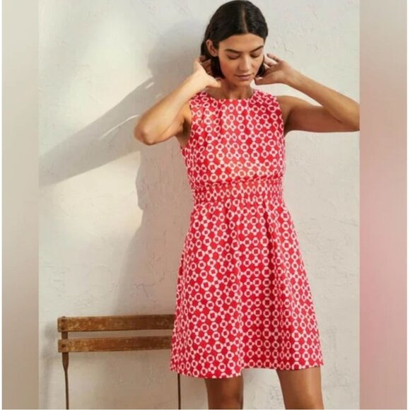 BODEN  Smocked Waist Mini Dress Red/White Mosaic Pattern Size 18/20 - Picture 1 of 13